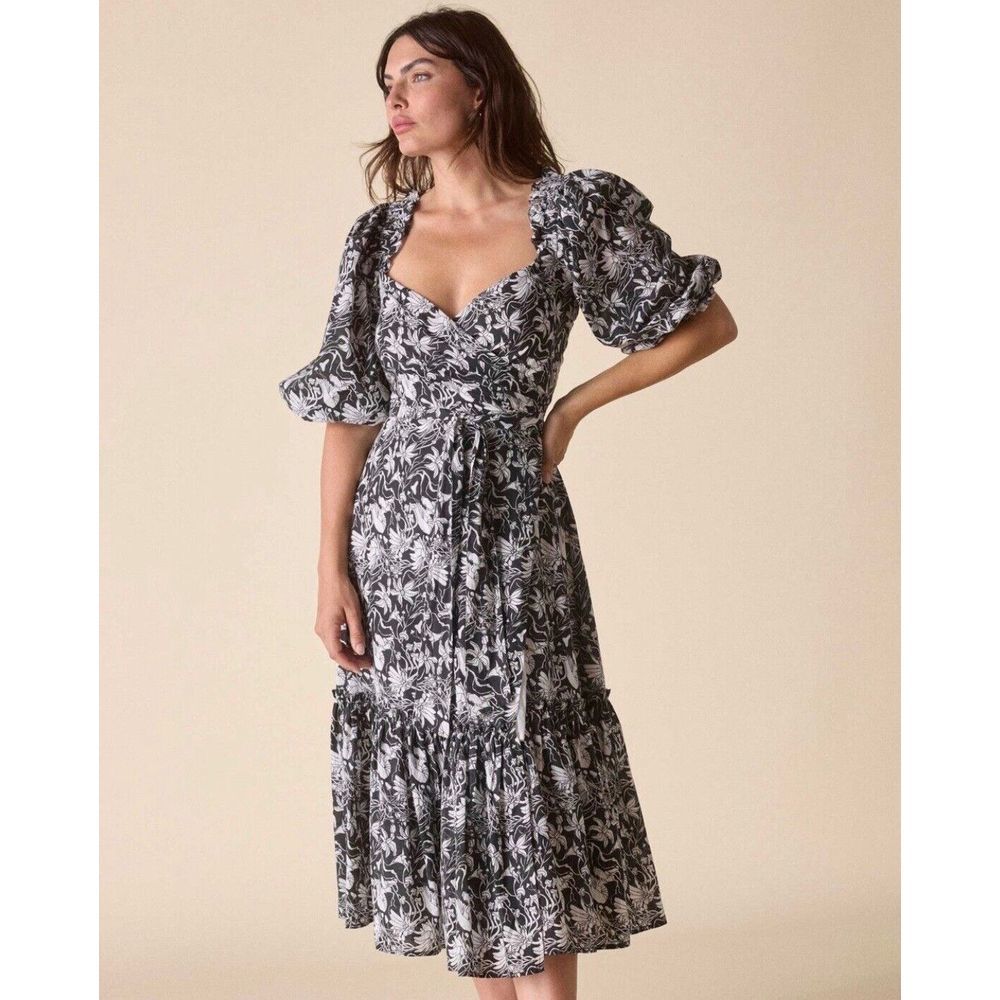 St Roche Romaine Wrap Dress‎ Black White Cotton Size 8 Mushroom Print NWT